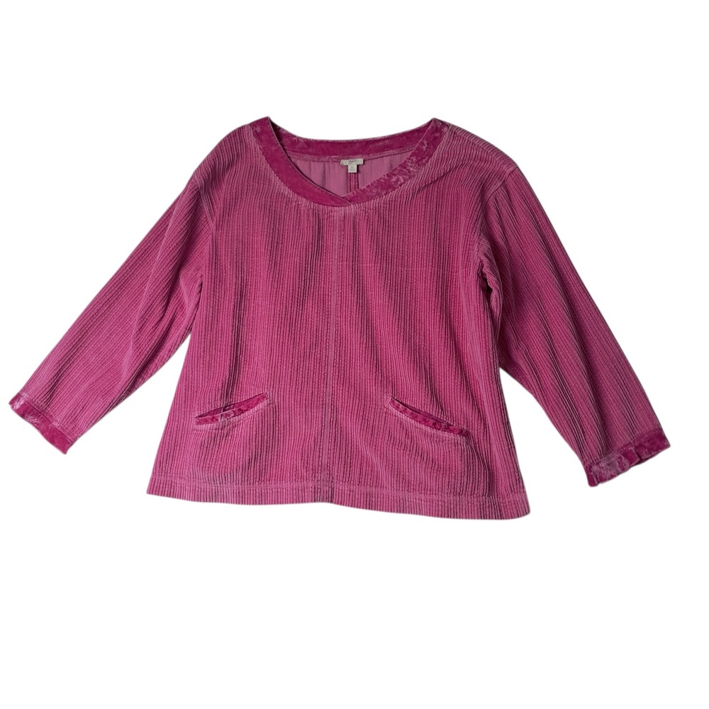 J. Jill Top Womens XL Petite Pink Corduroy‎ Velvet Trim V-Neck Pullover Pockets